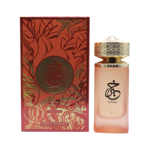 Khair Fusion by Paris Corner - perfume bottle and red-gold decorative box shown side by side.