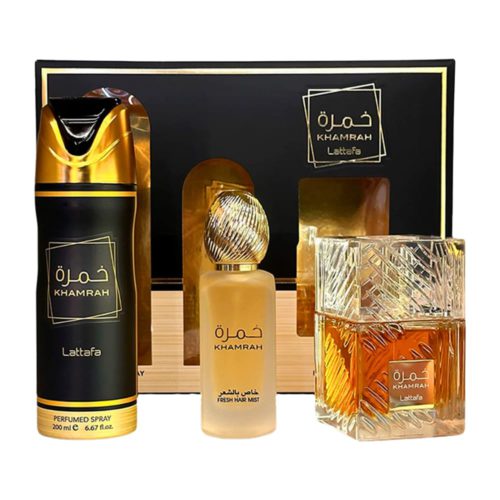 Lattafa Khamrah gift set including Eau de Parfum bottle, hair mist, and body spray in elegant black and gold packaging.