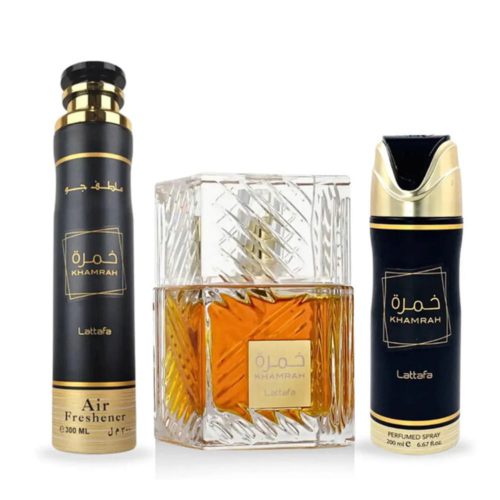 Lattafa Khamrah fragrance set including Eau de Parfum, air freshener spray, and body spray in luxurious black and gold design.