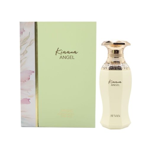 Kiaana Angel perfume bottle displayed next to its matching floral box in a harmonious and luxurious presentation.