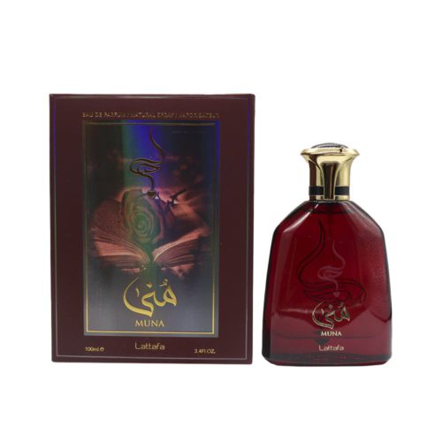 Rear view of the Muna perfume box displaying ingredients, usage instructions, and product warnings in multiple languages.