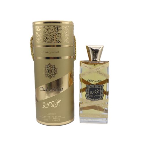 Front view of Oud Mood Elixir by Lattafa showing the elegant gold cylindrical box and the matching rectangular perfume bottle with golden accents.