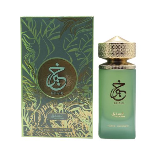Front view of Pistachio Khair EDP 100 ml unisex perfume by Paris Corner, featuring the elegant green bottle and matching decorative box.