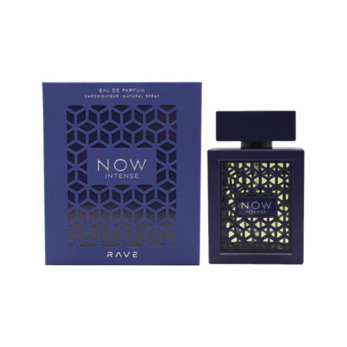 Image of the Rave Now Intense Eau de Parfum 100 ml by Lattafa, featuring the blue lattice-design bottle next to its matching box.