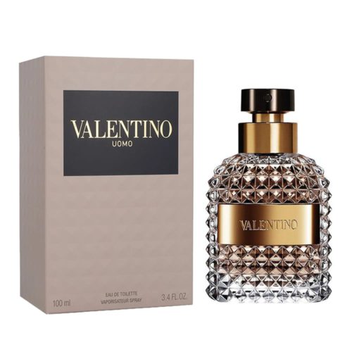 Front view of Valentino Uomo Eau de Toilette 100 ml, featuring a beige box with gold lettering and a luxurious diamond-patterned glass bottle with gold accent.
