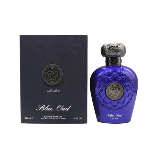 Blue Oud perfume bottle and box by Lattafa, featuring a luxurious deep blue design and intricate silver detailing on the bottle cap and label.