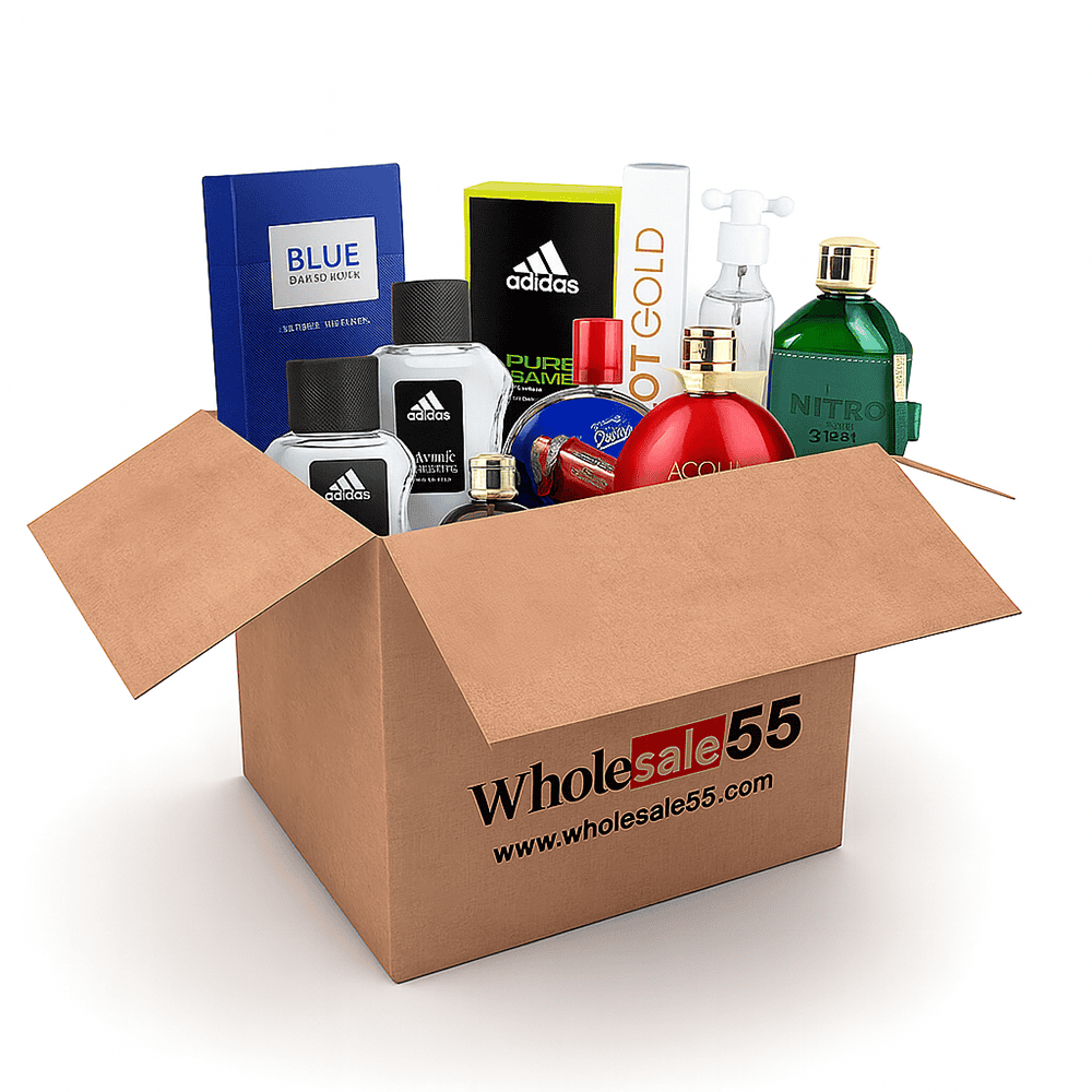 Box labeled "Wholesale55" filled with 37 assorted designer fragrances including Adidas, Blue Dasko, Acqua, and Nitro, ideal for wholesale or resale purposes.